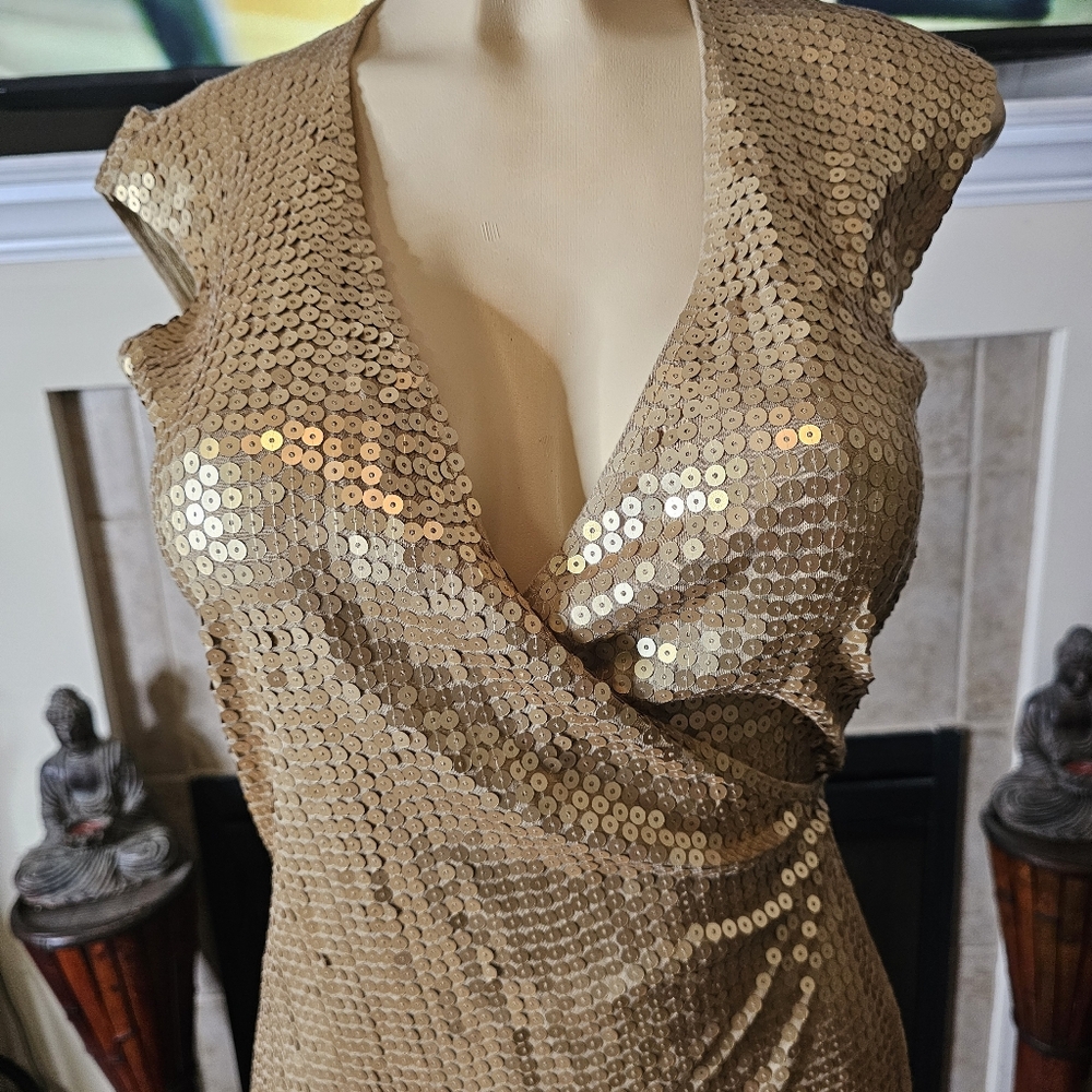 MICHAEL Michael Kors Gold Sequin Mini Tie Wrap Dress. Size XS. - Picture 3 of 9